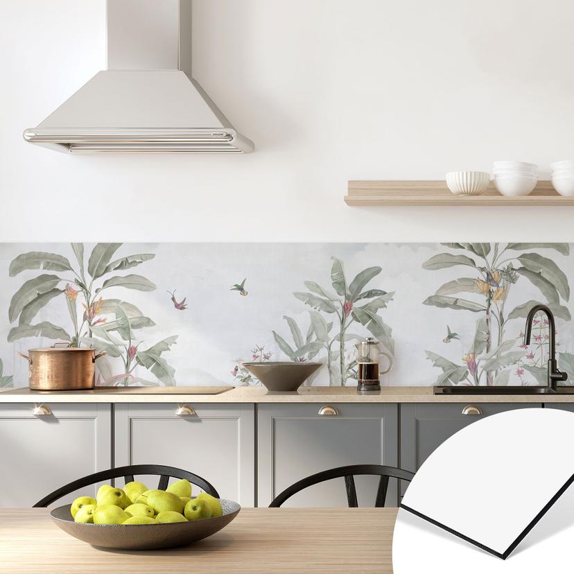 Stænkplade til køkken Tropisk idyl med kolibri blå - Bloomery Decor