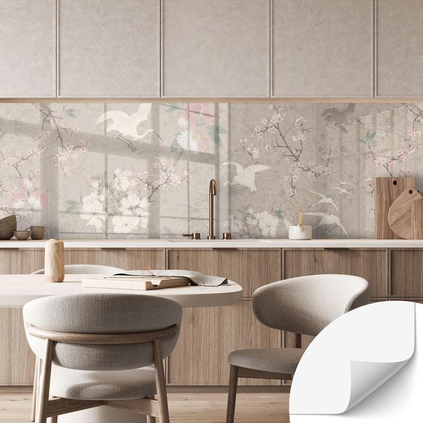 Selvklæbende stænkplade til køkken Kraner i kirsebærblomstervælde Beige - Bloomery Decor