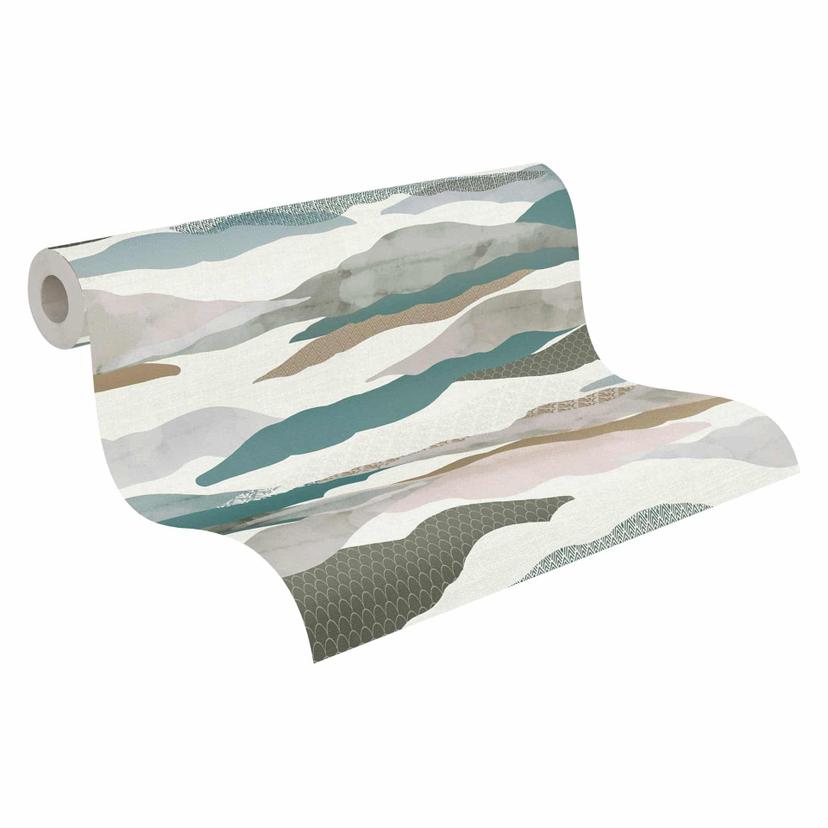 Papel pintado abstracto montañas acuarela - Papel pintado no tejido de color verde beige gris - Pape