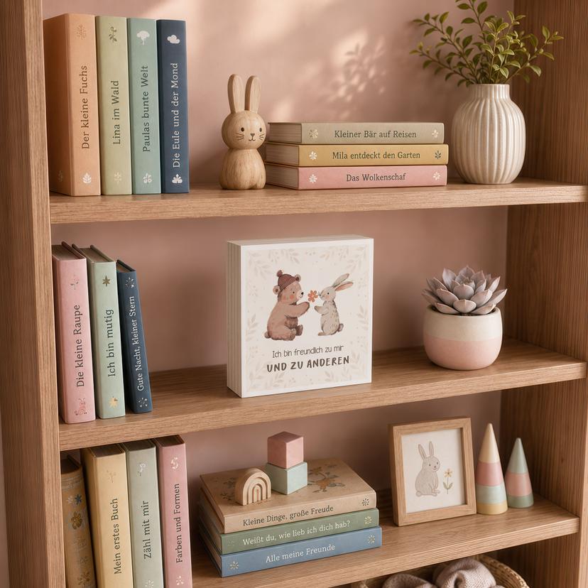 Holzbild zum Hinstellen - Bär und Hase mit dem Satz 'Ich bin freundlich'