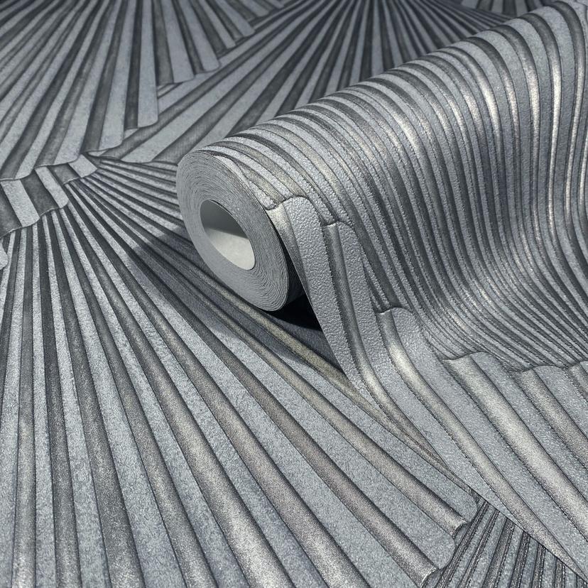 Papel pintado no tejido aspecto 3D, rayas gráfico geométrico en gris