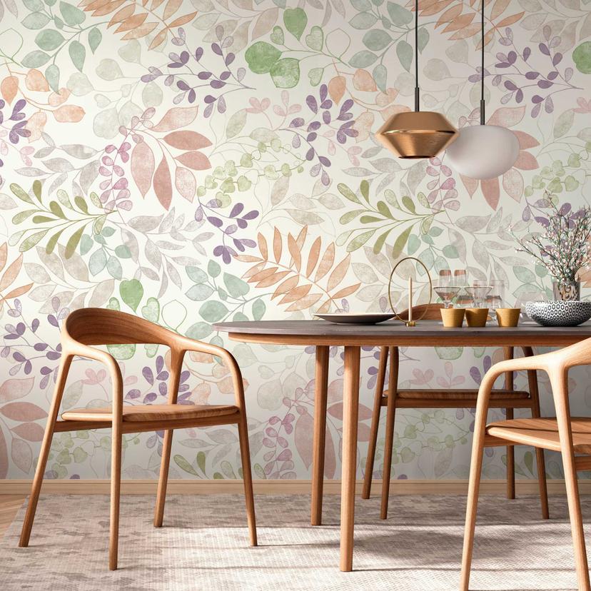 Ikke-vævet tapet med bladmønster i pastelfarver - blomstret fototapet - naturdesign