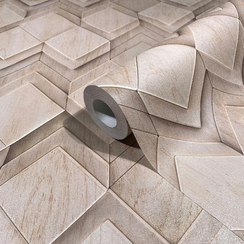 Papel pintado no tejido de color beige ilusión de rombos aspecto 3D moderno