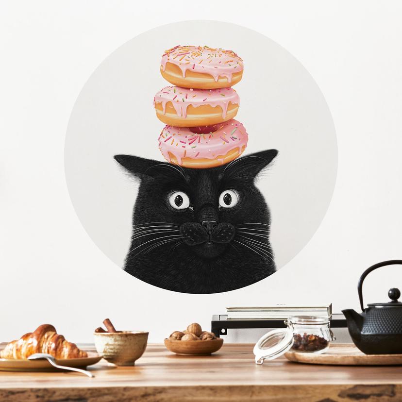 Wandtattoo Schwarze Katze mit pinken Donuts - Korenkova - Rund