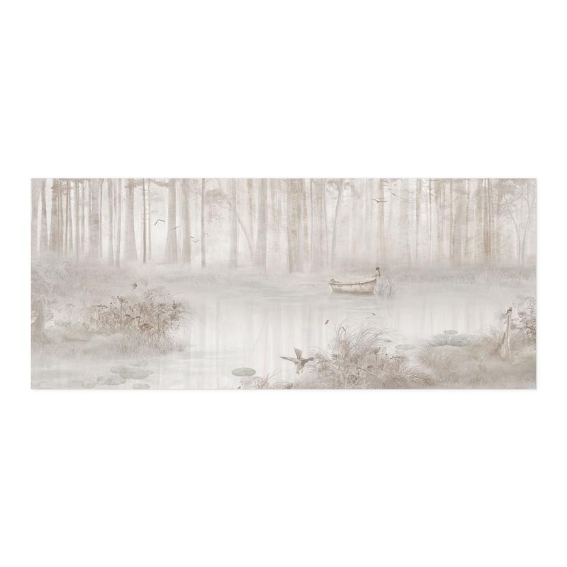 Zelfklevende Keukenachterwand Bos bij het meer in mist in beige - Ms Tiff
