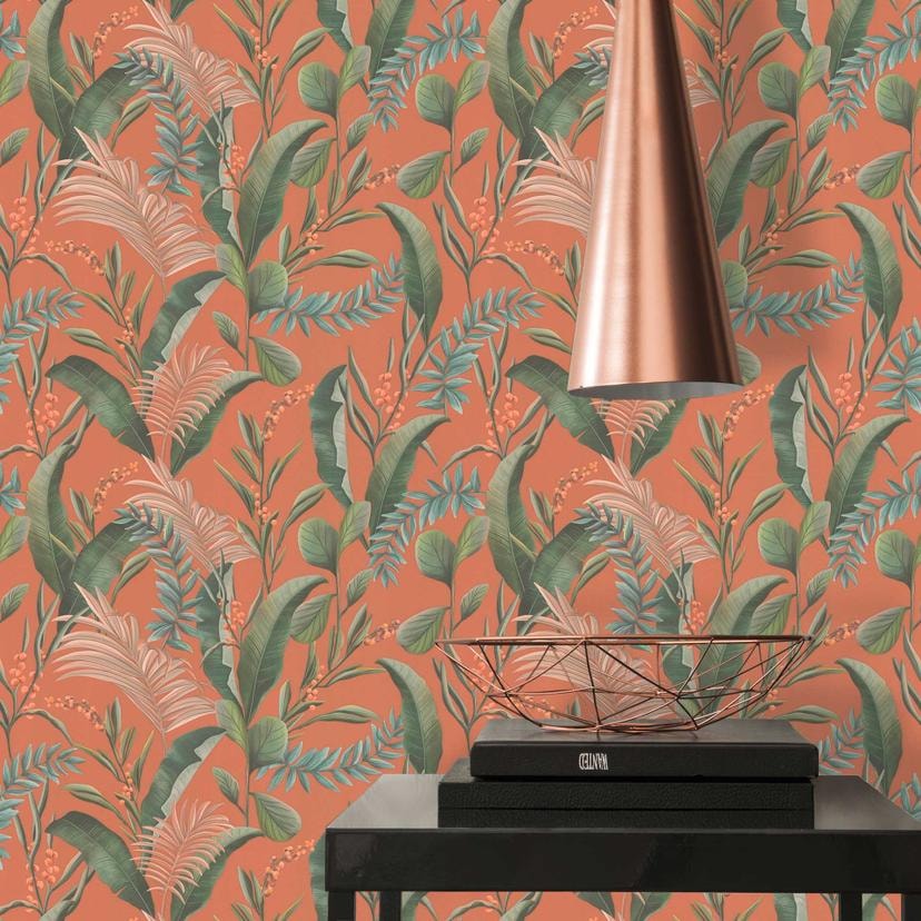 Papel pintado estampado con hojas y hierbas naranja verde - papel pintado tejido-no tejido jungla