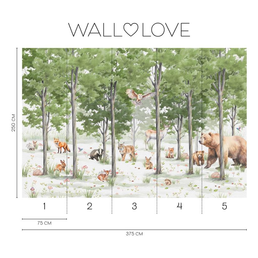 Fotomurale animali della foresta verde bianco 3,75 x 2,50 m - Carta da parati in tessuto non tessuto
