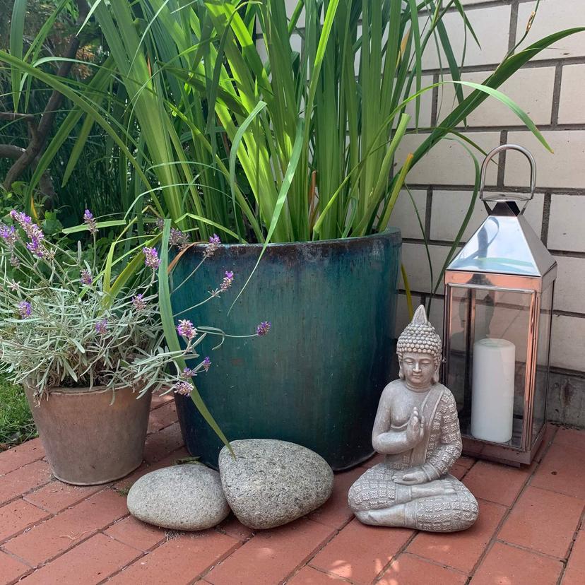 Statuette Lao Bouddha en pierre artificielle décoration de jardin et extérieurs,  gris - 20x15x33 cm
