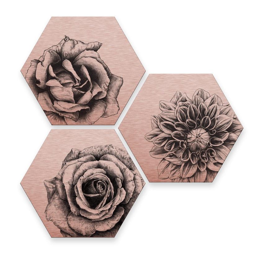 Hexagon Dibond Set Koper Effect - Kools - Flowers