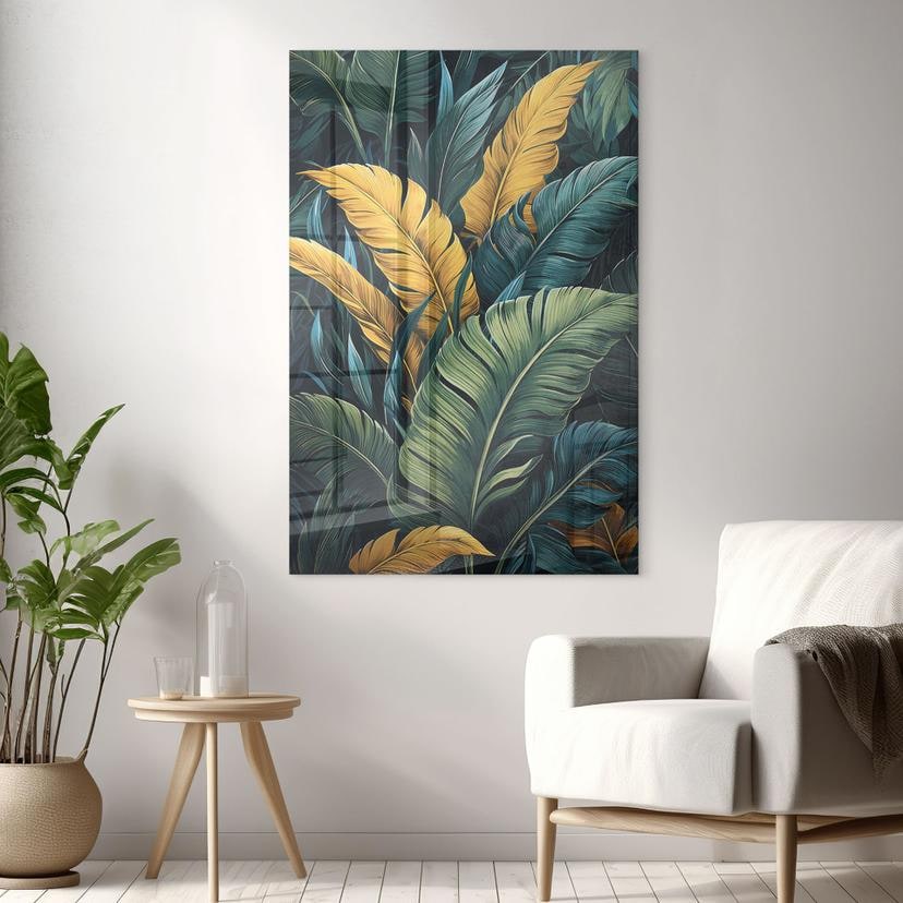 Tableau sur verre acrylique Feuilles de palmier colorées - Jaszke