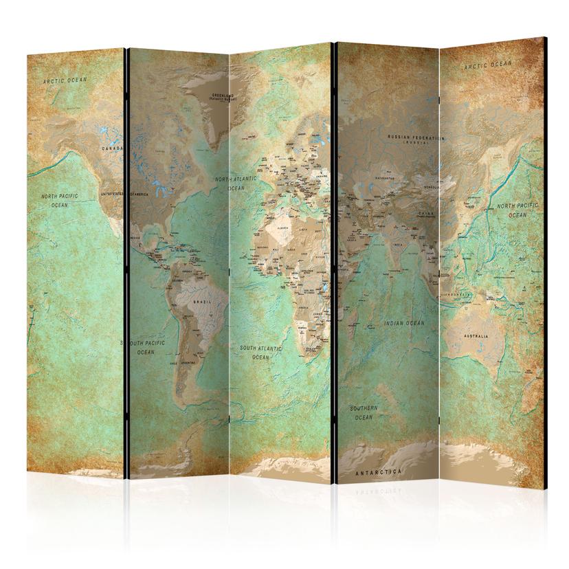 Screen room divider - Turkis verdenskort, 5-delt - 225x172 cm