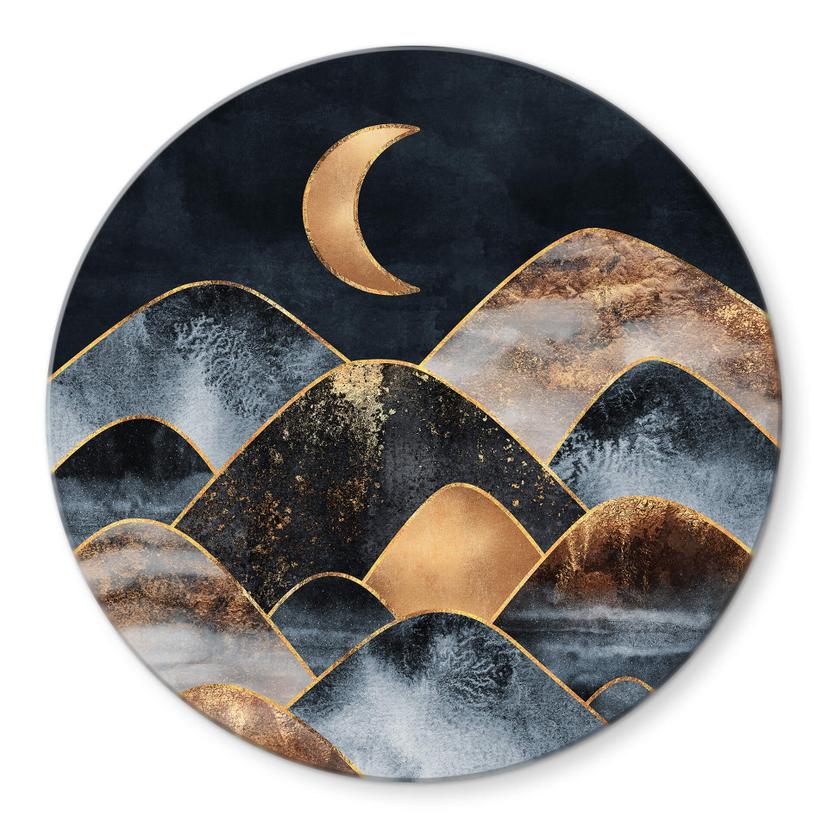 Tableau sur verre Fredriksson - Montagnes au clair de lune doré