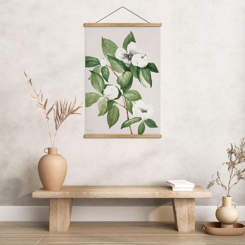 Stampe su tessuto con illustrazione botanica di una finta camelia - Walcott