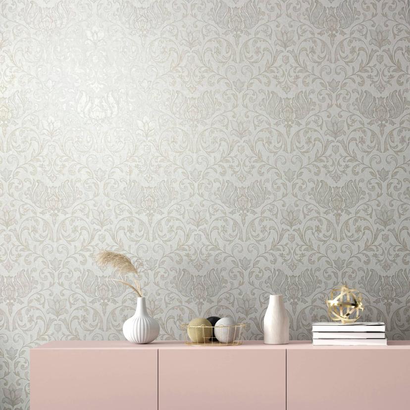 Papel pintado no tejido con flores, hojas ornamentales blanco brillante floral
