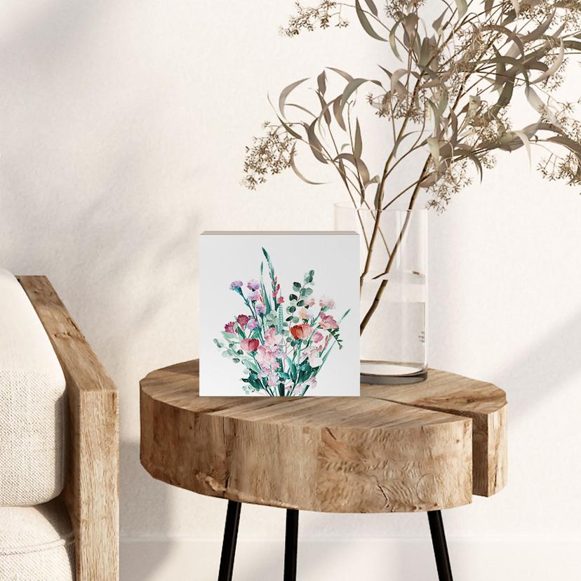 Houten Wanddecoratie om op te hangen - Wilde bloemen boeket in de lente - Goed Blauw - 15x15 cm