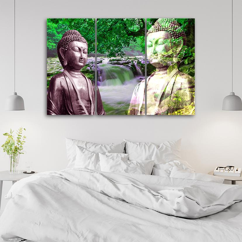 Stampa su tela 3 pezzi Buddha Waterfall Forest Green