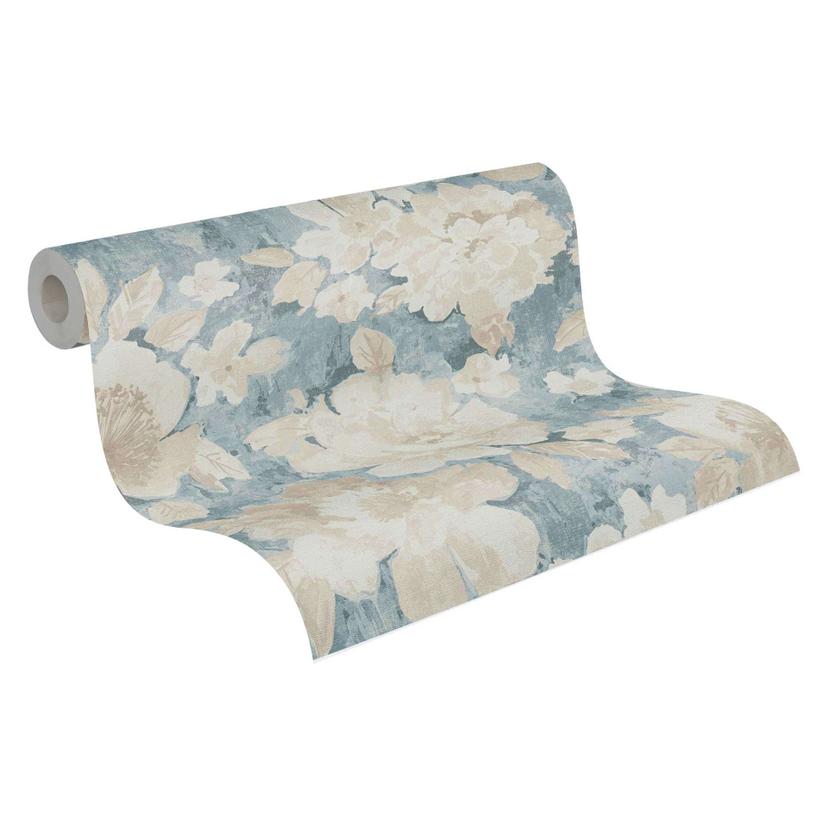 Florale Tapete Vintage Blau Beige - Blumentapete Retro-Look - Vliestapete