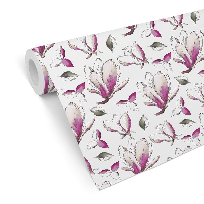 Tapet med mønster - illustrerede blomster - pink