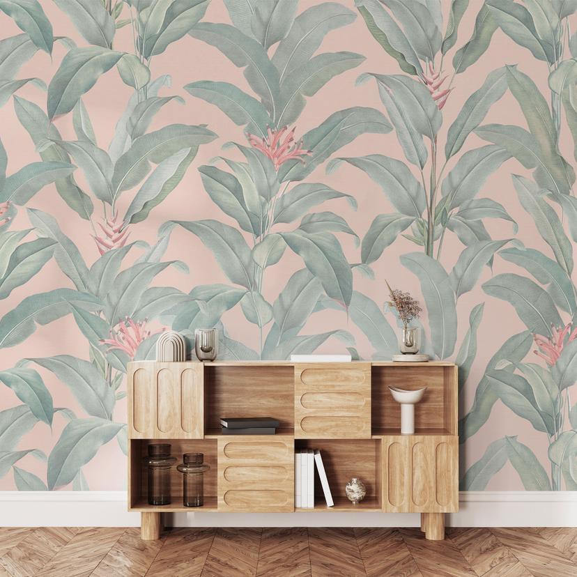 Papel pintado Hoja de plátano - Jungla Urbana Hojas Tropicales Rosa - Bloomery Decor