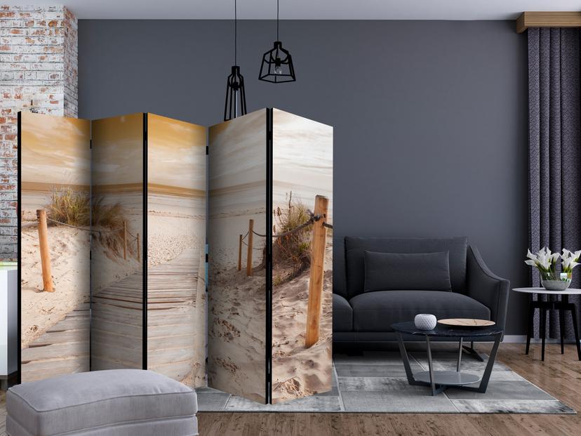 Schermo divisorio - Sulla spiaggia - seppia, 5 pezzi - 225x172 cm