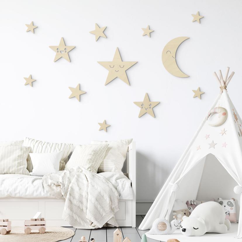 Decoración en madera set luna y estrellas - Kawaii - Chopo