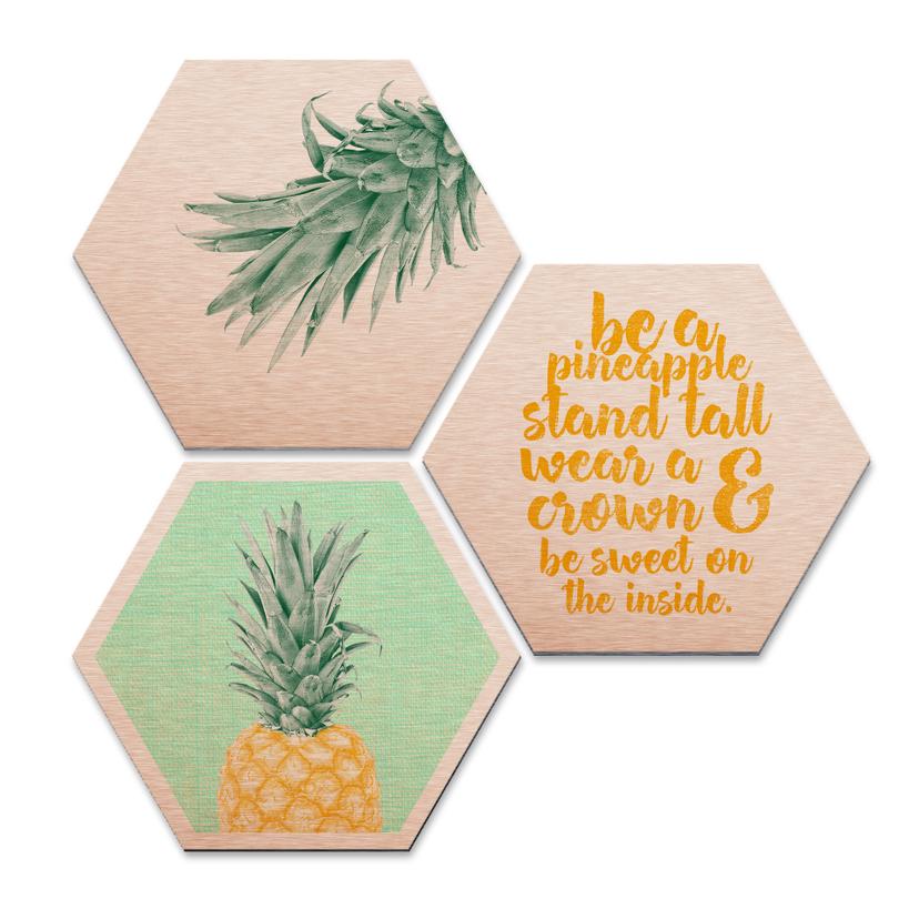 Hexagone - Alu-Dibond-Effet cuivré - Ananas (Set de 3)