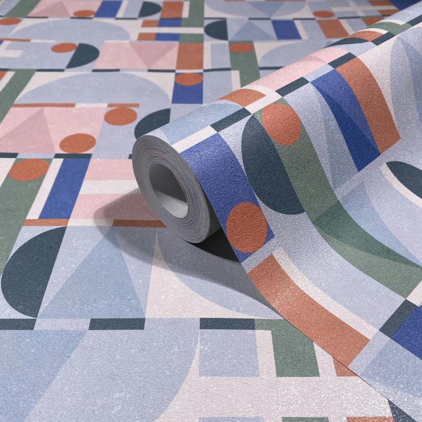 Non-woven tapet i grönt blått orange moderna former grafiska geometriska