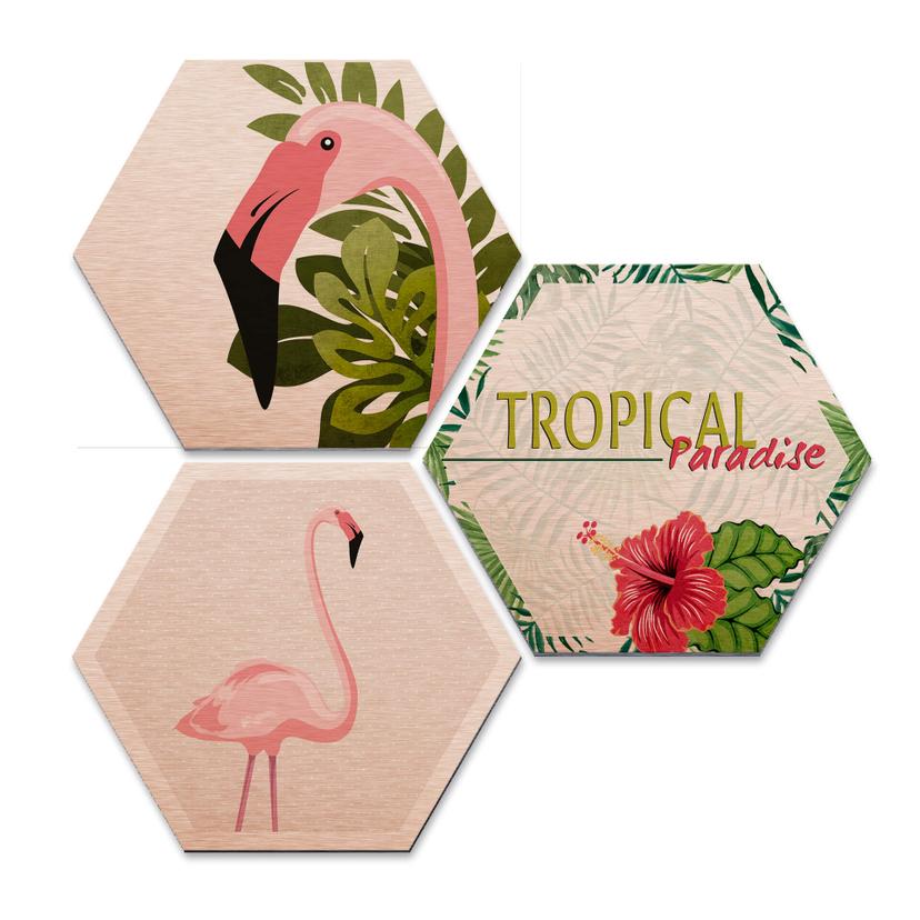 Hexagone - Alu-Dibond-Effet cuivré - Flamant rose 03 (Set de 3)