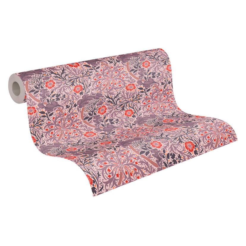 Tapete mit Blumenranken und Blüten Lila Rot - Blumen-Vliestapete floral