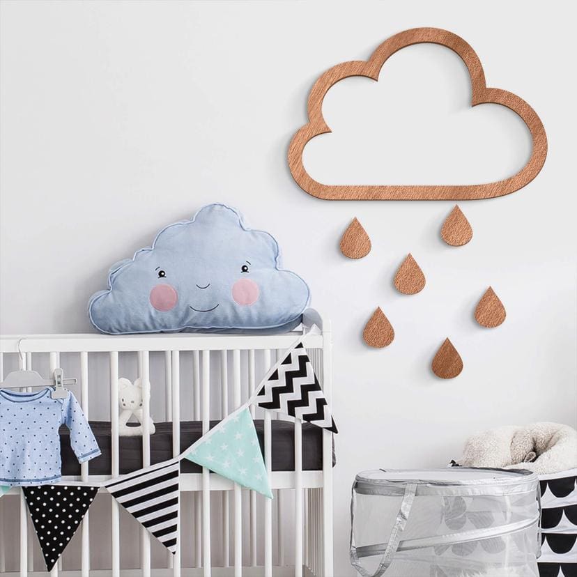 Decoración en madera caoba - Nube con gotas (7 piezas)