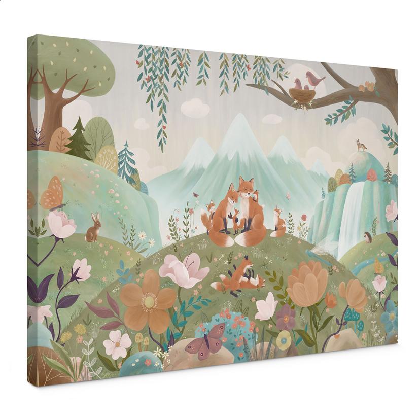 Canvas Schilderij Vossenfamilie op de Bloemenweide - Oliver Robins