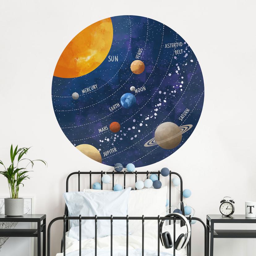 Sticker mural pour enfants Système solaire avec planètes et soleil - Cats & Dotz - Rond