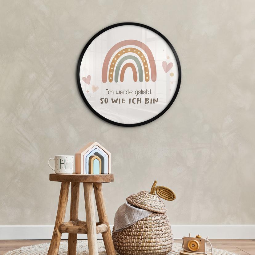 Rundes Affirmationsposter mit Boho-Regenbogen - 'Ich werde geliebt' für das Kinderzimmer