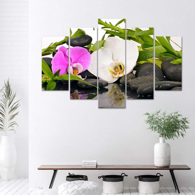 Stampa su tela 5 pezzi, orchidee e pietre di bambù