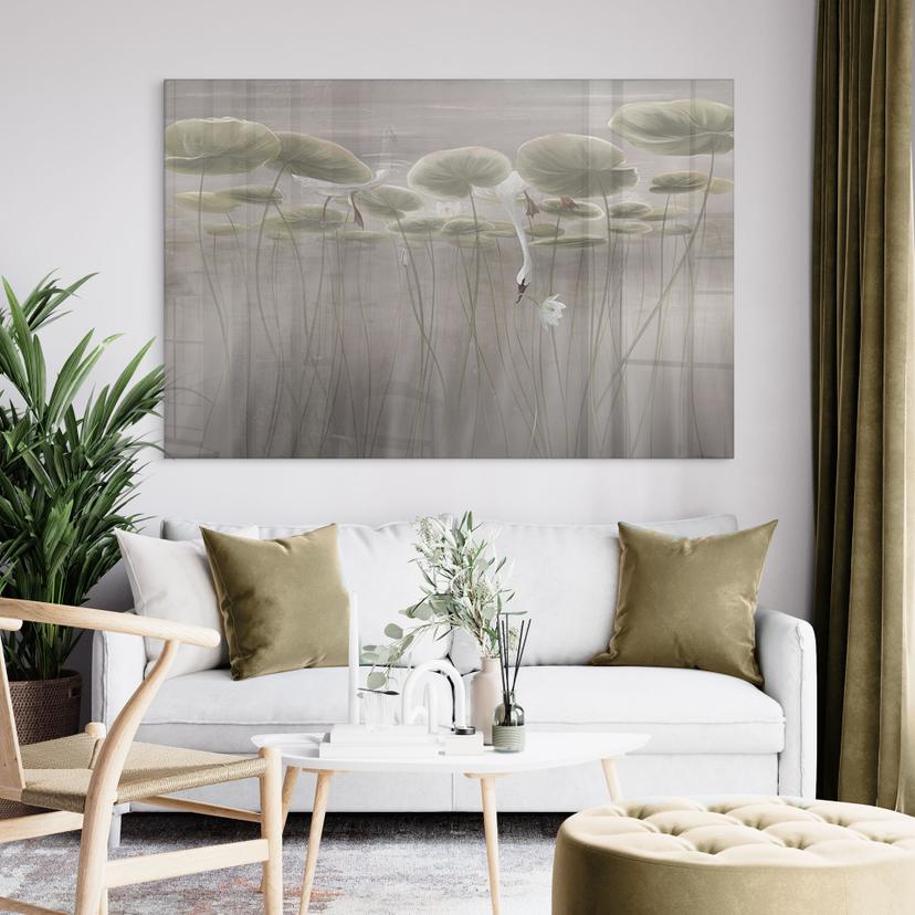Acrylglas afbeelding lotusbloemen met zwaan in water in grijs - Ms Tiff