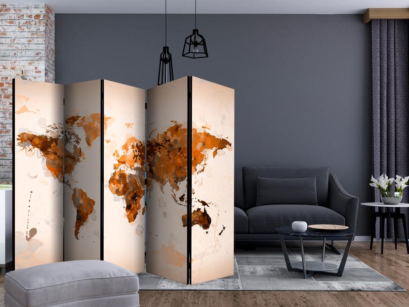 Schermo divisorio - Mappa del mondo - Il mondo nei toni del marrone , 5 pezzi - 225x172 cm