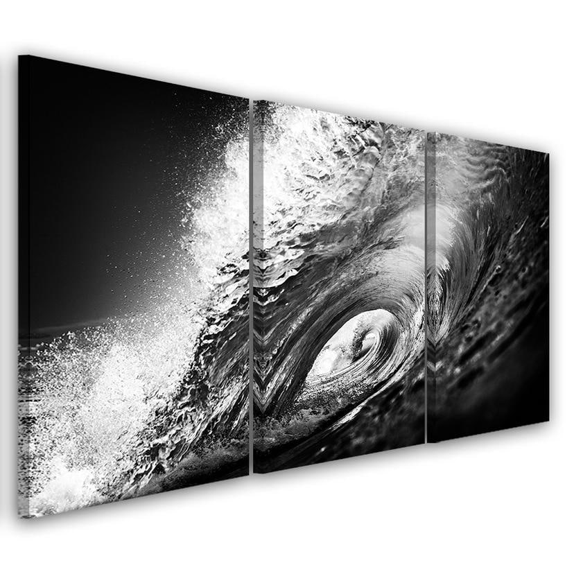 3 stykke lærredstryk Waves Sea B&W