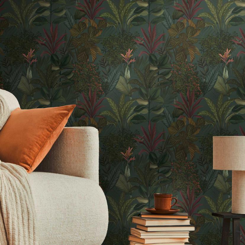 Papier peint à motifs Plantes et herbes Vert foncé - Papier peint jungle avec feuilles