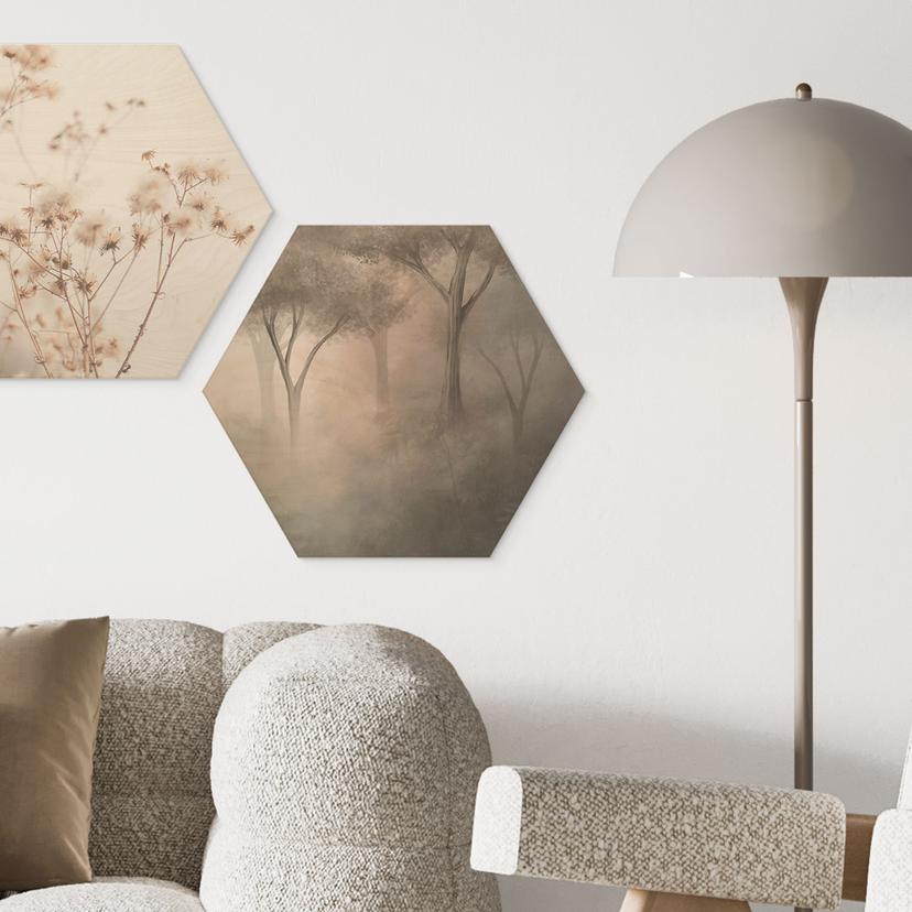 Hexagon Holzbild Waldmagie im Morgennebel Beige - Ms Tiff