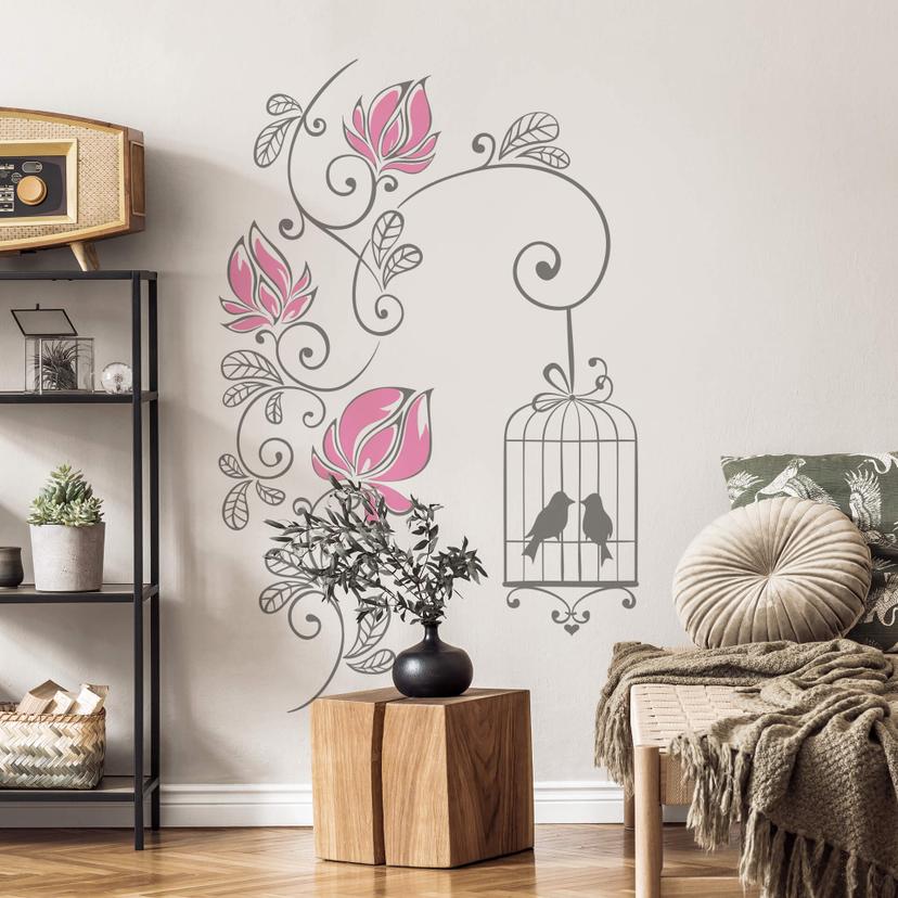 Wandtattoo Blumenranke mit Vogelkäfig (2-farbig)