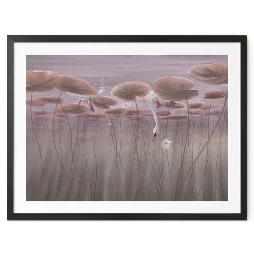 Poster lotusbloemen met zwaan in water in donkerroze - Ms Tiff
