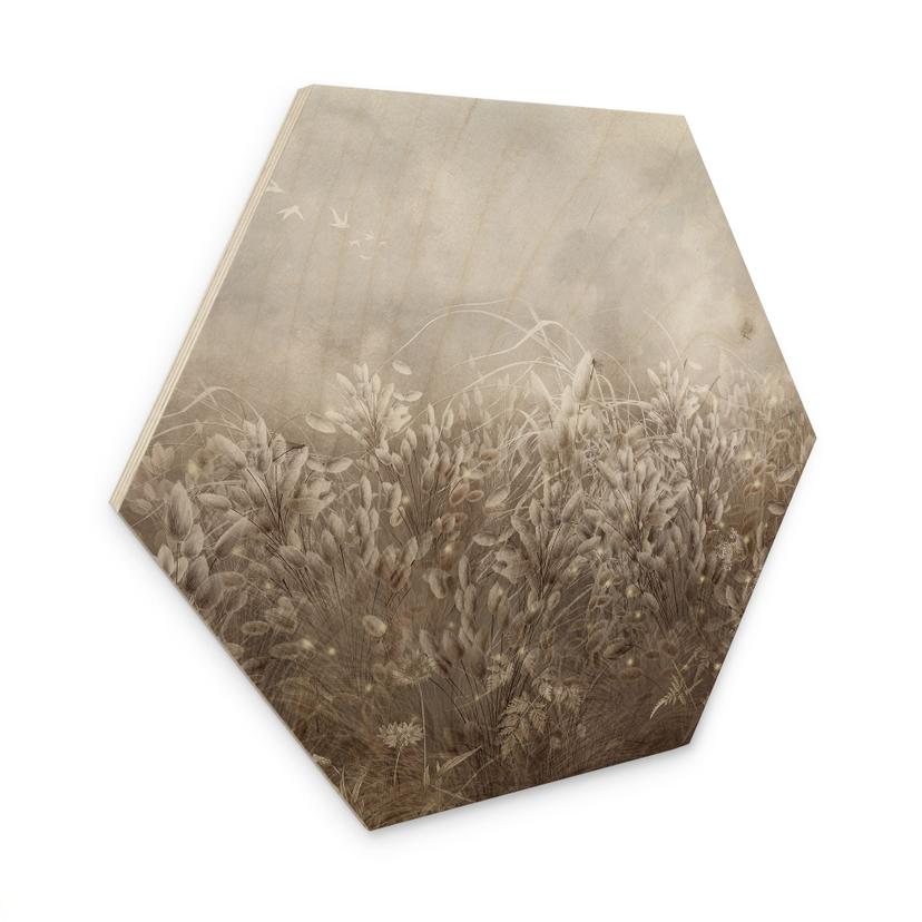 Houten Wanddecoratie zeshoekig pampagras en grassen in beige - Ms Tiff