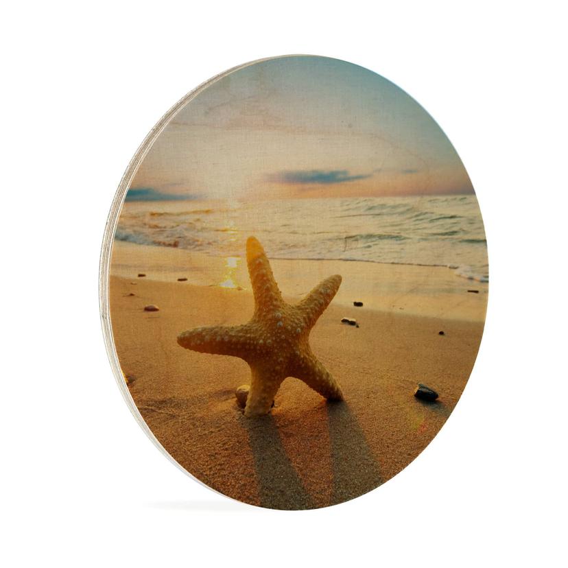 Tableau en bois Etoile de mer dans le sable - Rond