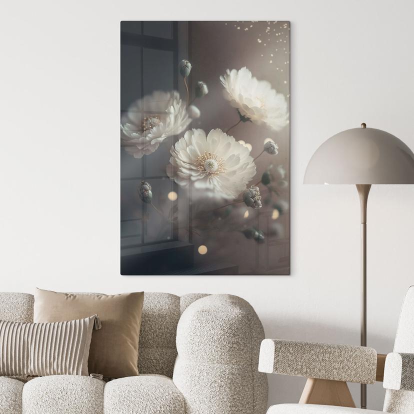 Stampa su vetro Fiori bianchi con polvere d'oro - Treechild