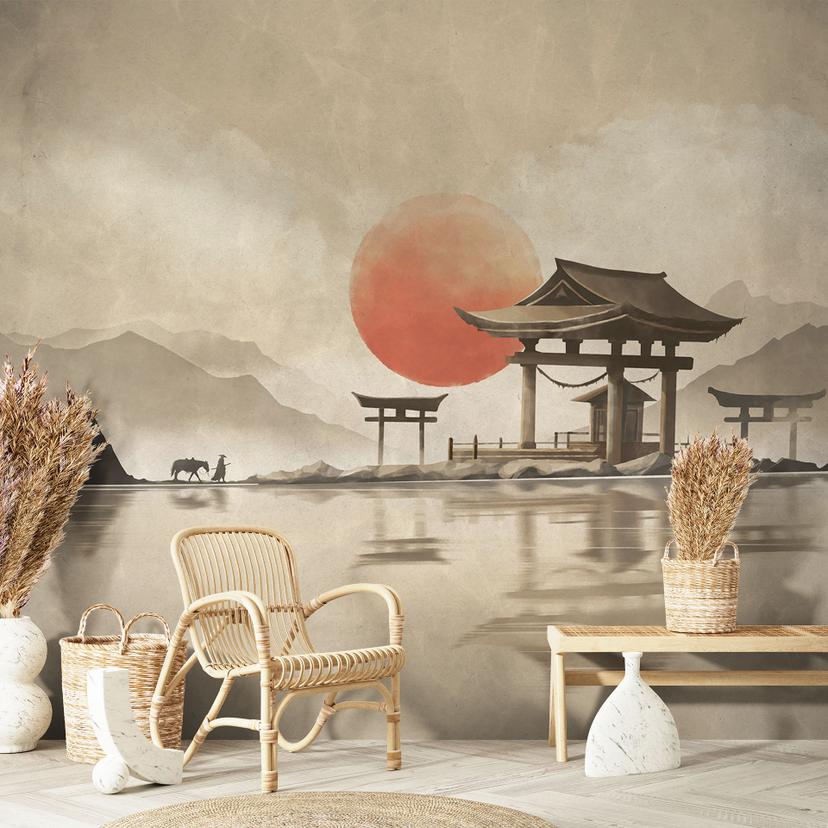 Papier peint temple japonais au lever du soleil | Art asiatique - Roze