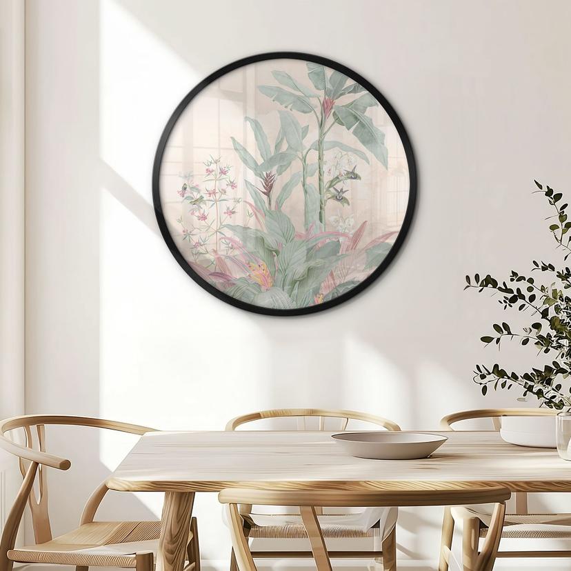 Poster Idillio tropicale con colibrì albicocca - Decorazione floreale - Rotondo
