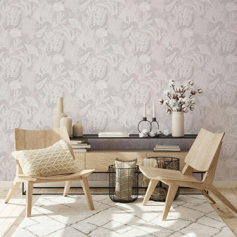 Non-woven tapet i vitt, beige snäckor under vatten grafisk natur