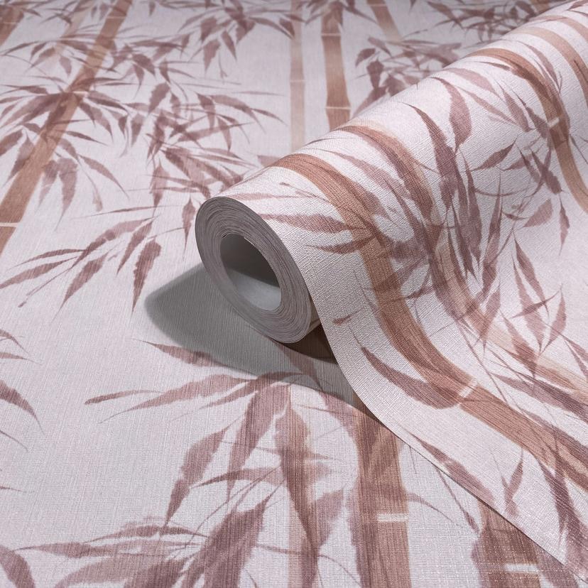 Papel pintado no tejido de color beige, naranja hojas de bambú naturaleza floral