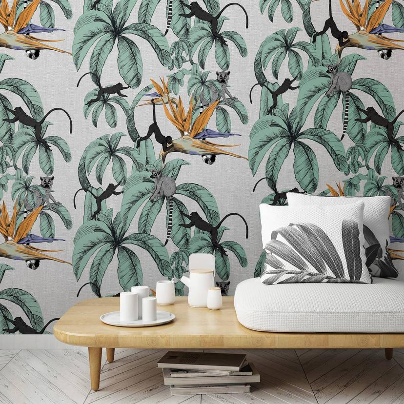 Papier peint photo avec des singes et des plantes, illustration grise 3.40 x 2.12 m
