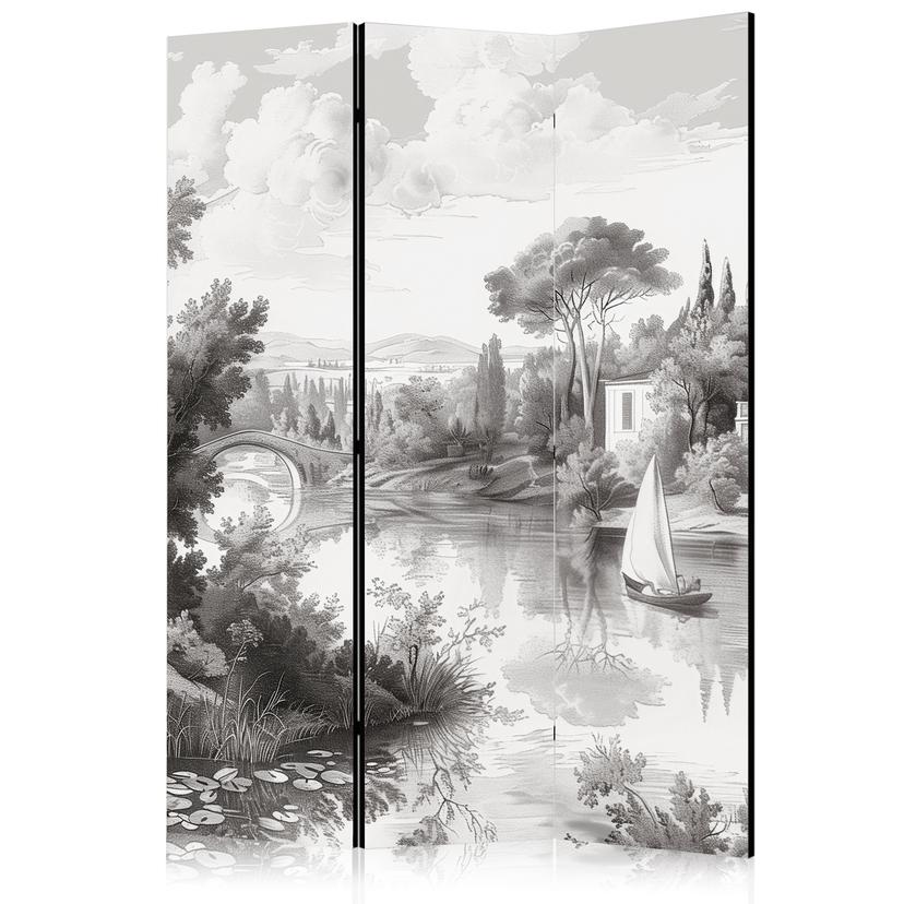 Paravent, Raumteiler freistehend, Trennwand - Black and White Vintage Landscape: Pond with Boat